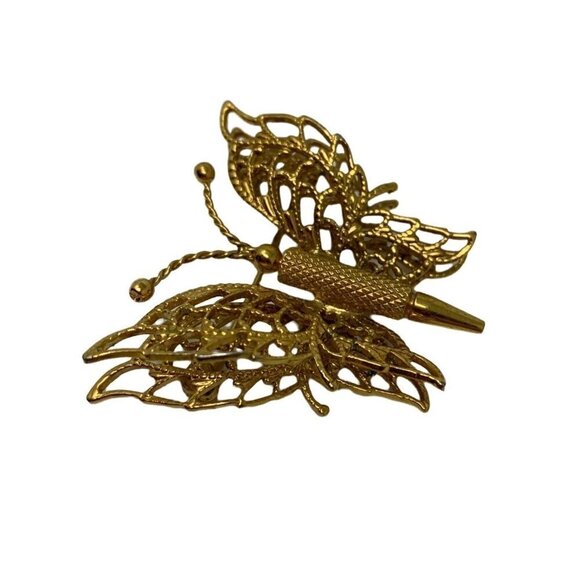Vintage MONET Butterfly Brooch Gold Tone Double Wings Filigree Pin GrannyCore - Picture 2 of 10